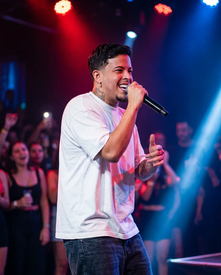 Resultado criado com o prompt Cantor em Show com Luzes Vermelhas e Azuis