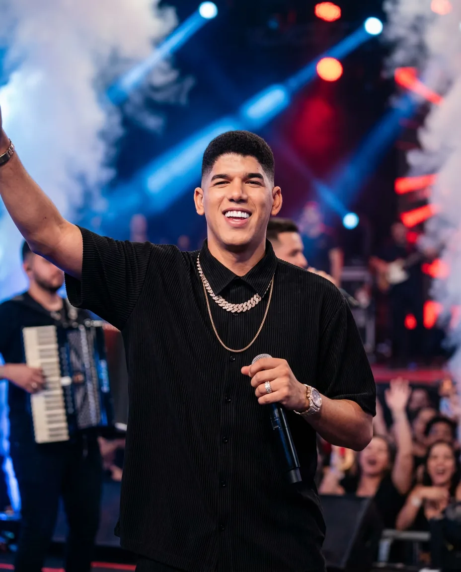 Resultado criado com o prompt Cantor sorrindo no palco