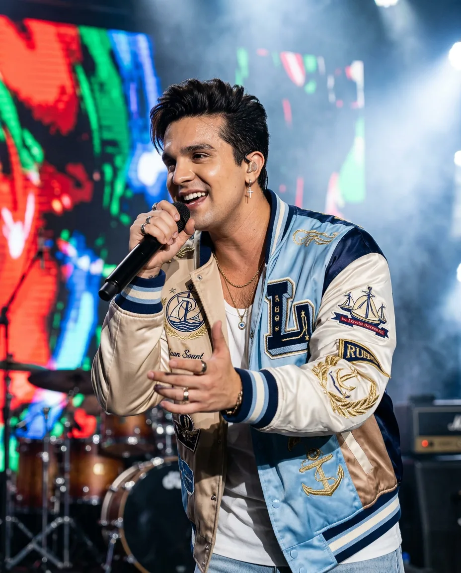 Resultado criado com o prompt Cantor em show com jaqueta varsity