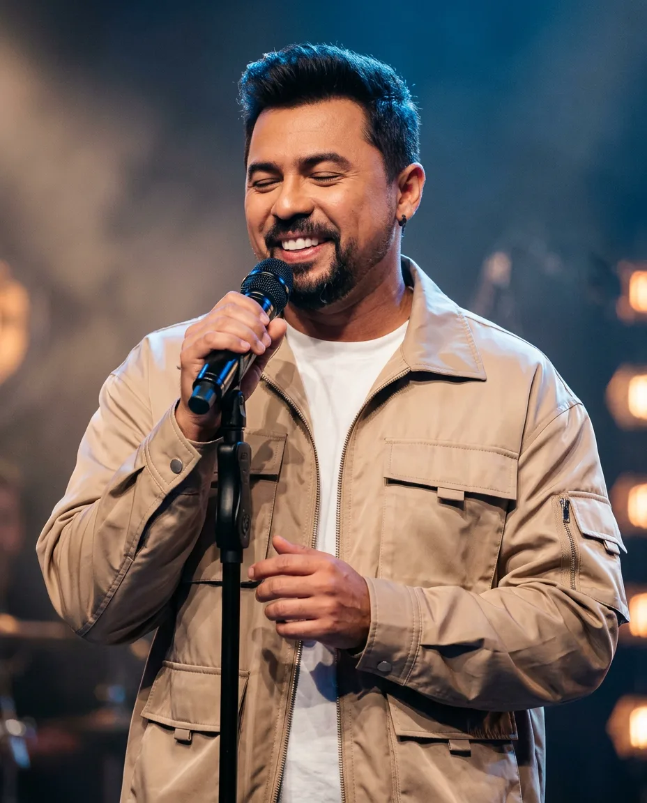 Resultado criado com o prompt Cantor sorrindo com jaqueta bege