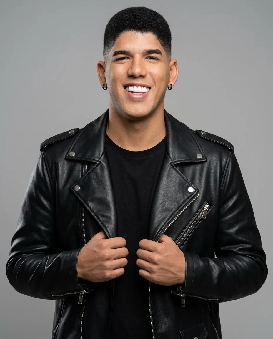 Resultado criado com o prompt Retrato masculino com jaqueta de couro