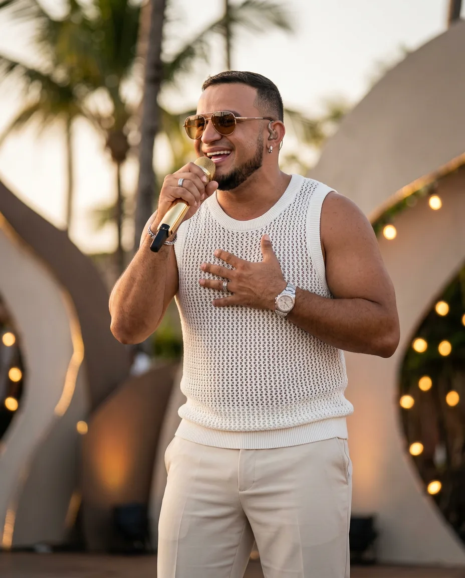 Resultado criado com o prompt Cantor em Evento Tropical ao Pôr do Sol